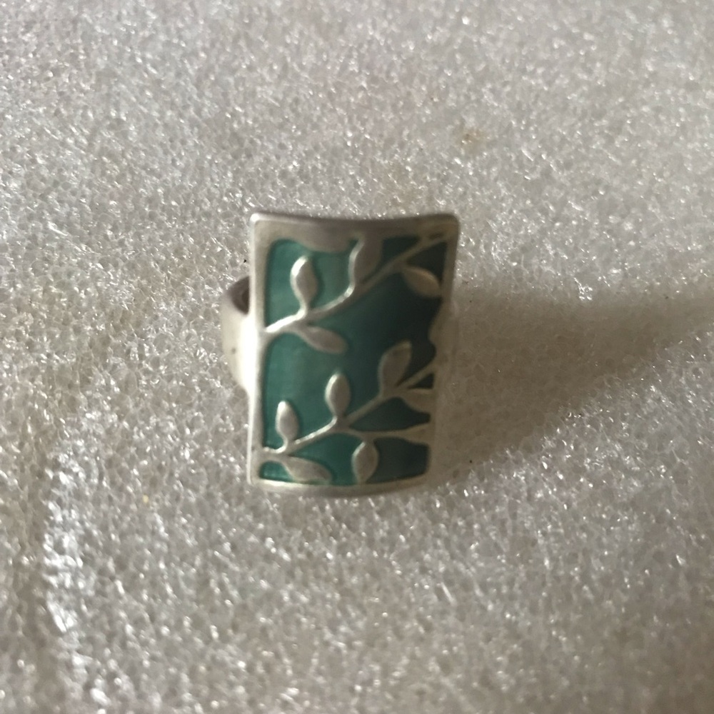 Teal Enamel Leaf Sterling-Style Rectangle Ring vintage